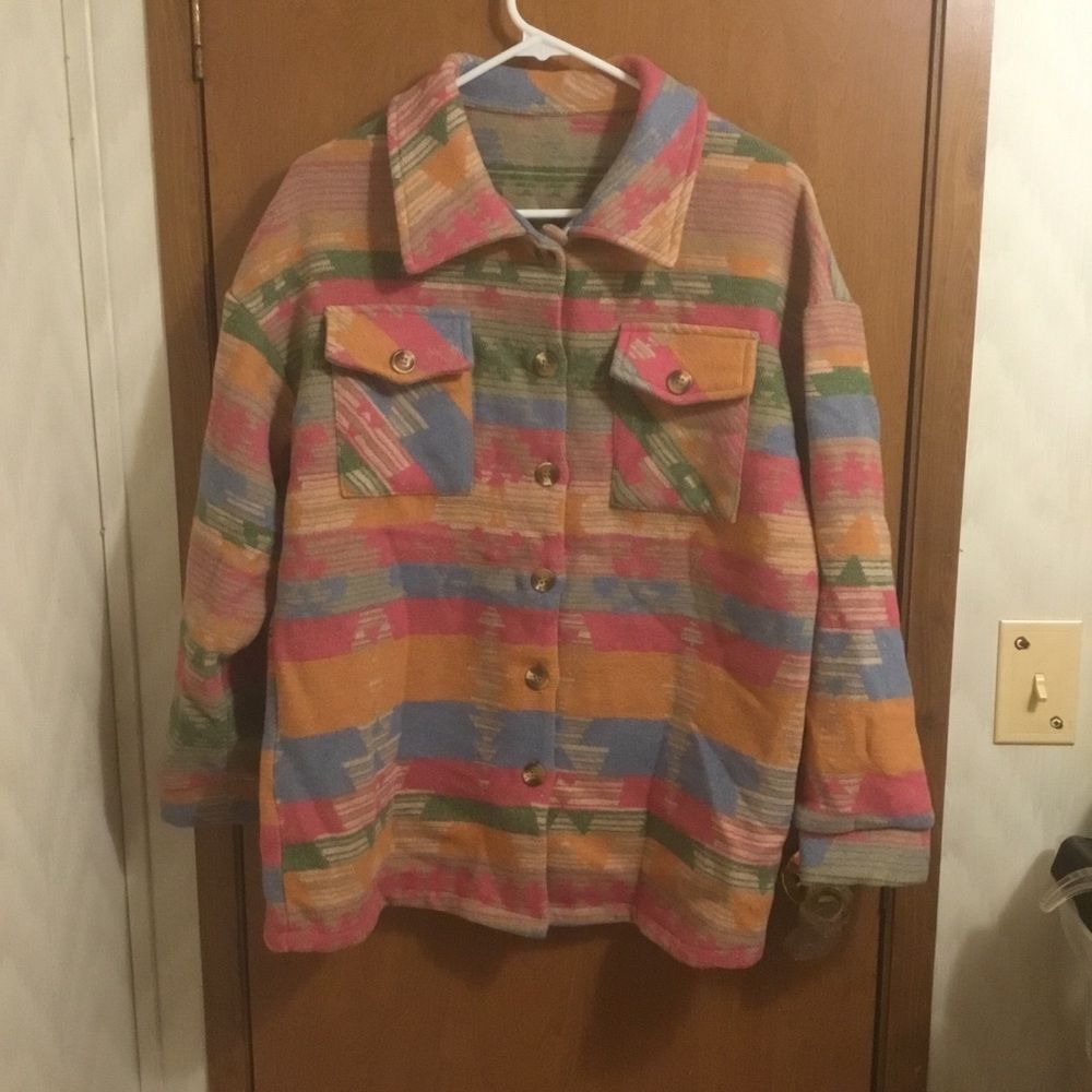 Aztec Western Colorblock Long Shacket Color Block Ethic Button Jacket M - Picture 3 of 6